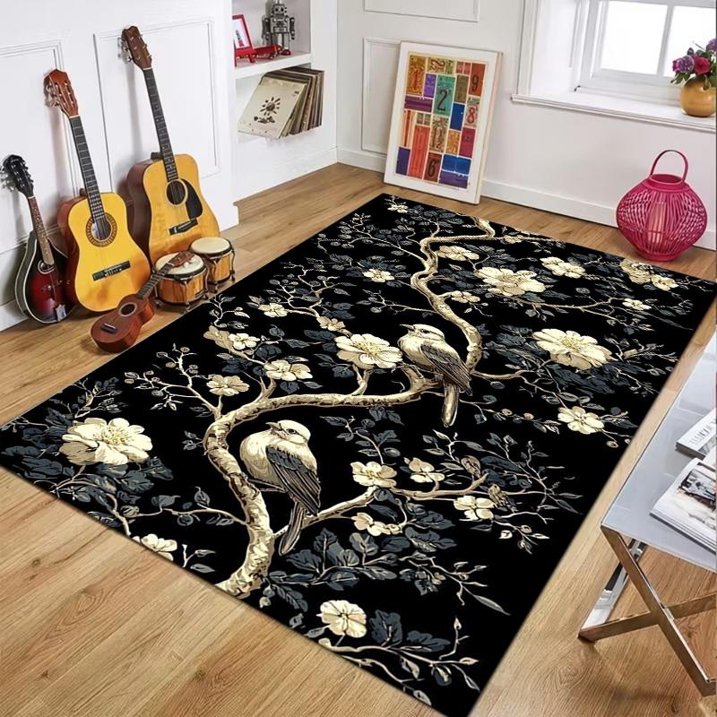 Artistic Floral Rug Black Base Blue & Green Print Non-slip Washable Durable Floor Mat for Living Room Bedroom Decor