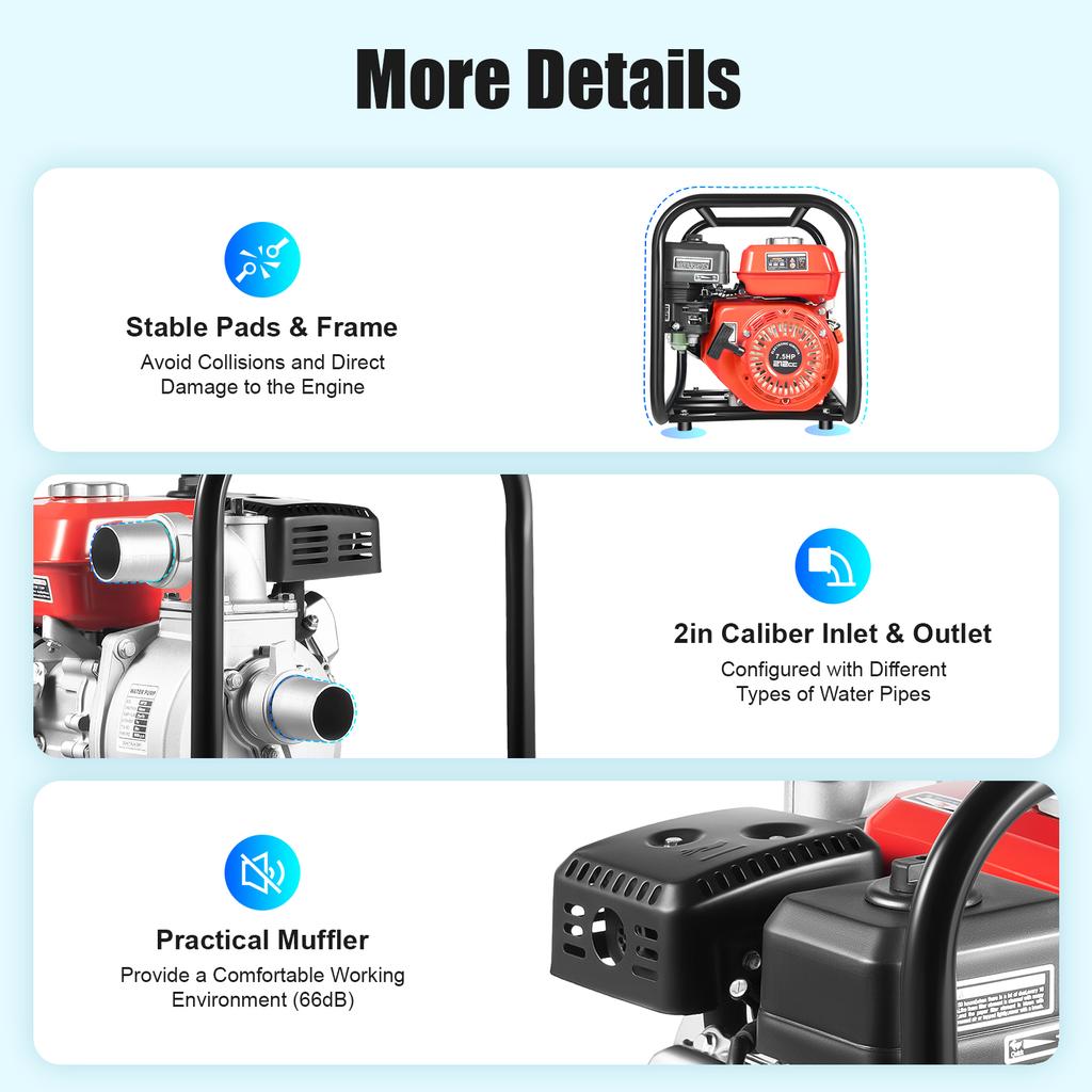 7.5HP Trash Water Transfer Pump - 212cc 4-Stroke Gas Powered Irrigation Pump 2" Port with  23ft Suction & Hose