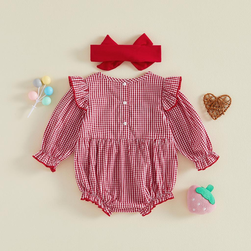 Citgeett Autumn Infant Baby Girl Birthday Outfit Long Sleeve Strawberry Embroidery Plaid Bodysuit Headband Clothes