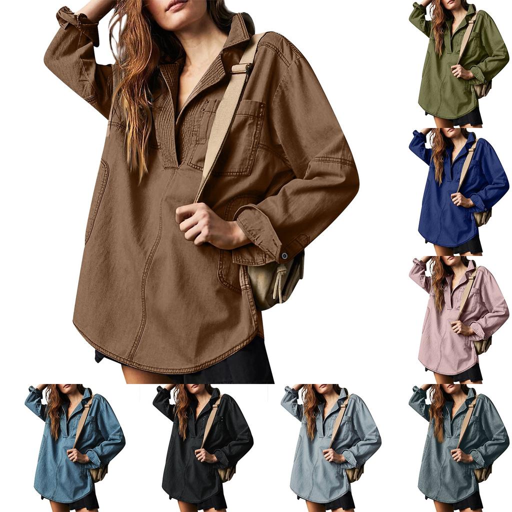 Women's Denim Pullover Casual Button V Neck Blouse Loose Fit Long Sleeve Jean Jacket With Pocket