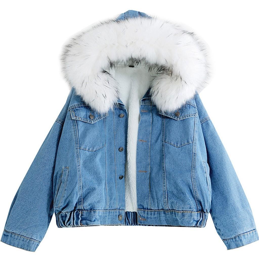 Women's Autumn/Winter Solid Colour Hooded Pocket Plush Denim Jacket Cotton Jacketet