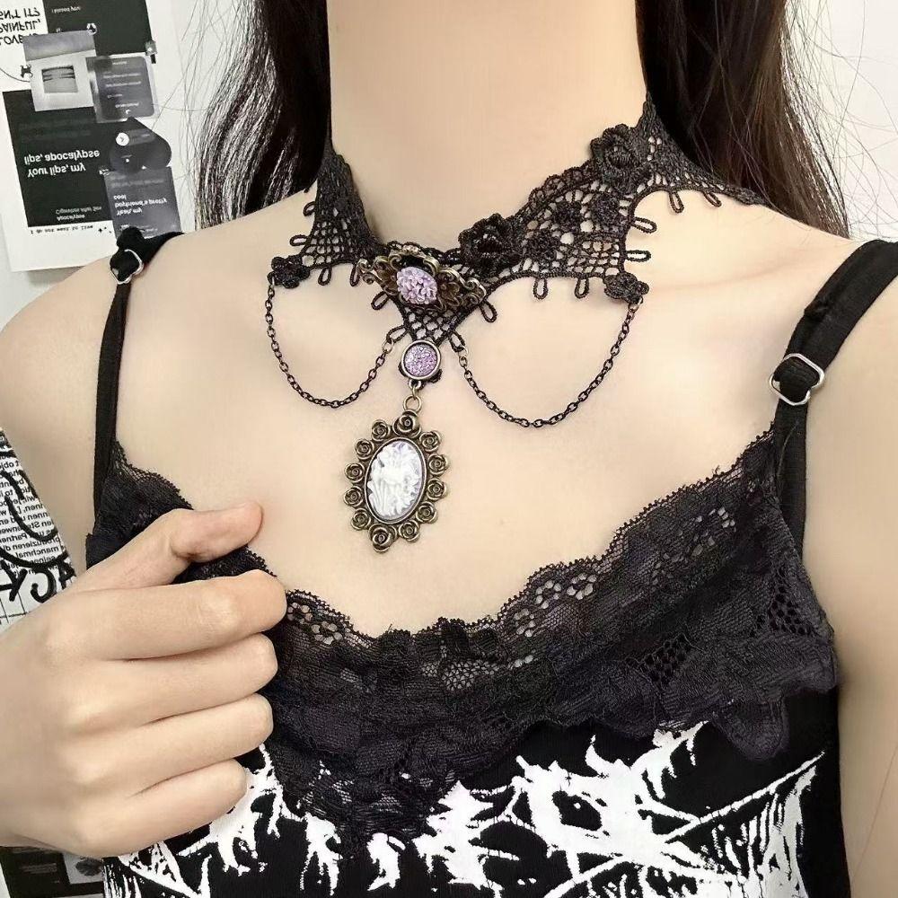 Vintage Style Black Lace Choker Black Lace Purple Fringed Collar Neck Jewelry