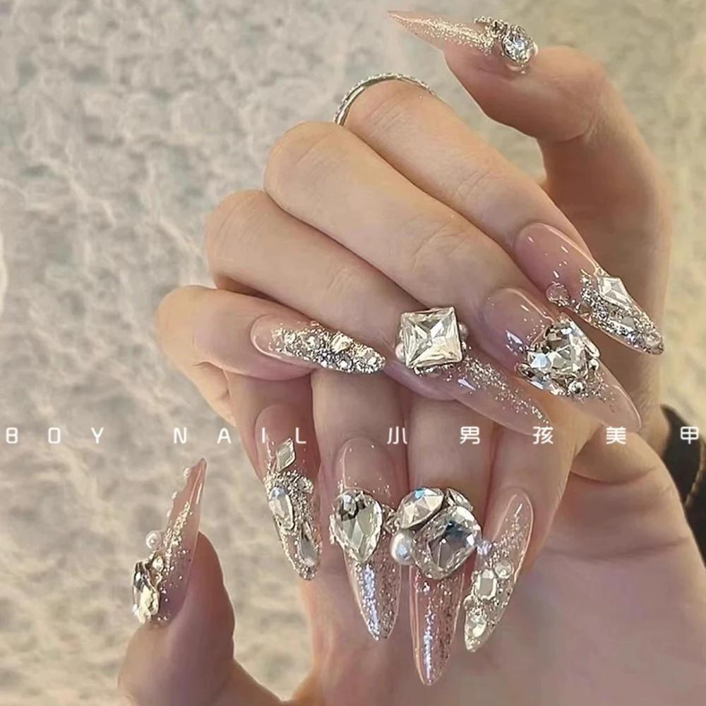 10Pcs Luxury 3D Rhinestone Handmade Transparent Press On Nails Shiny Long Coffin Reusable Full Cover Nail Art Gift