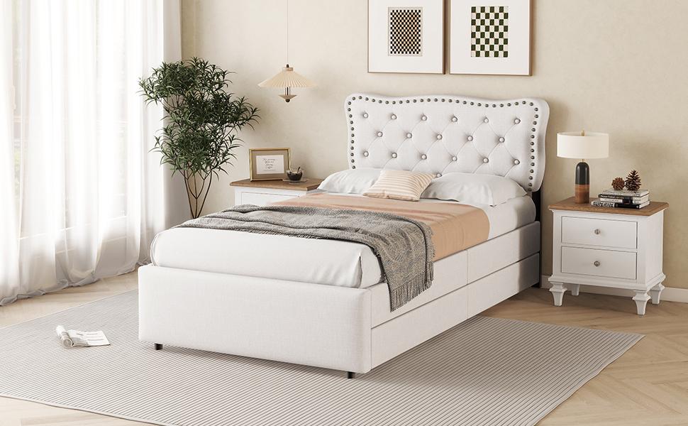 90*200 cm Flat Bed, Upholstered Bed, Headboard Upholstery with Decorative Rivets, Double Drawers, Light Beige