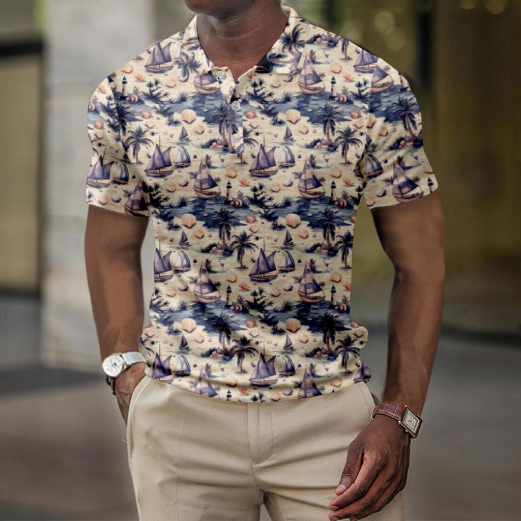 Men's Summer Hawaii Printed Golf Shirt Botton Short Sleeve Top Men's Casual Fashion Shirt