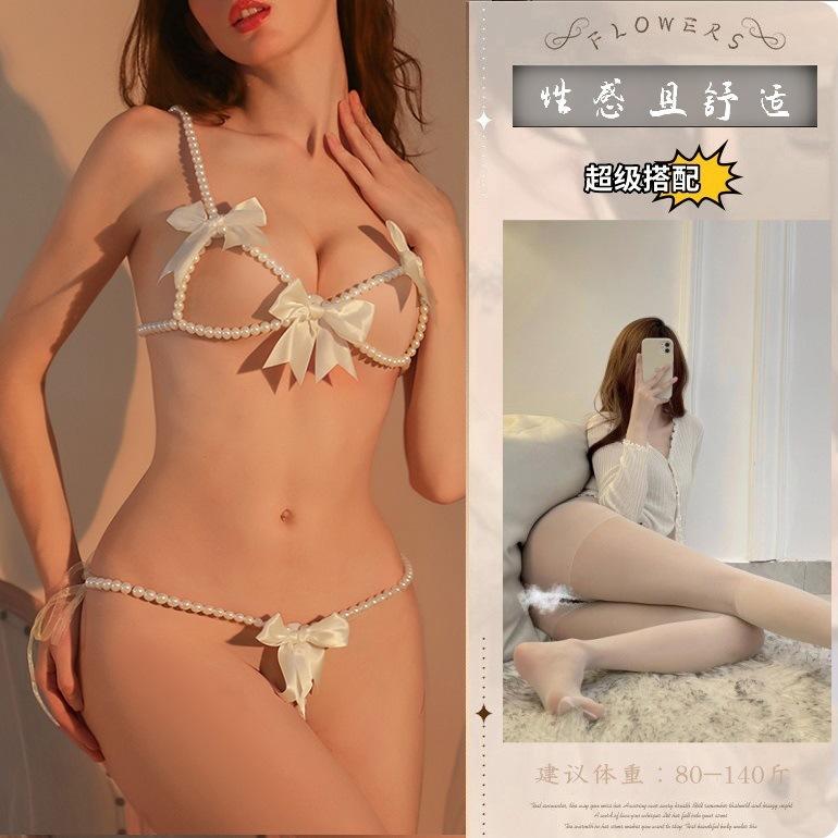 Night sex underwear sexy three-point temptation bare chest open passion bed free pearl suit underwear