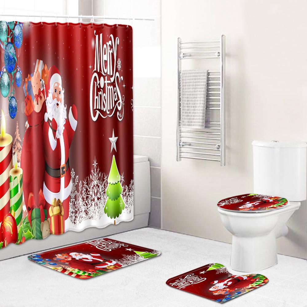 Christmas Bathroom Shower Curtain Toilet Floor Mat Four-Piece Bathroom Non-Slip Door Mat Kitchen Bedroom Absorbent Carpet