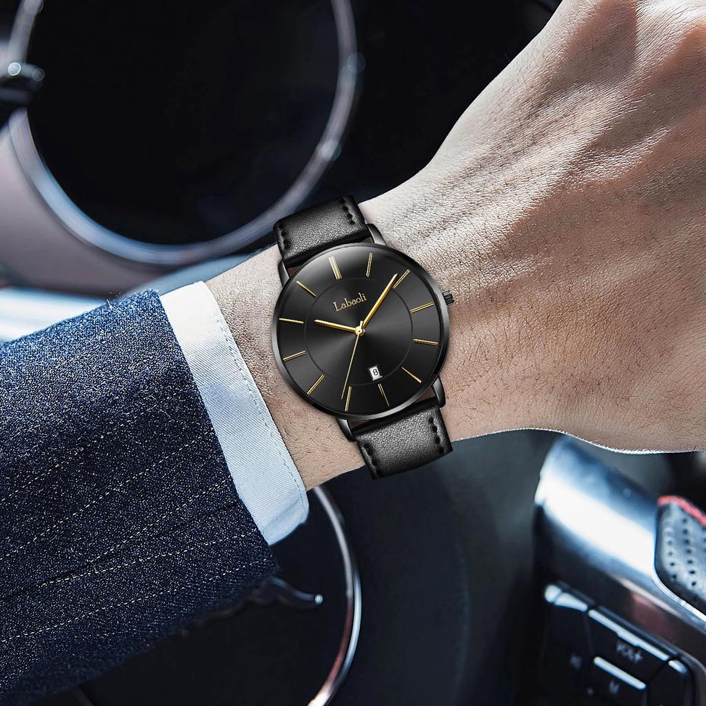 Простые модные повседневные деловые часы с японским кварцевым механизмом, циферблатом 40 мм, ремешком из натуральной кожи, унисекс, черные, мужские, ультратонкие, 6,5 мм (Черный + +