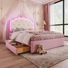 Upholstered Bed, 140 x 200 cm, with Slatted Frame (without Mattress), Ambient Lighting, Remote Control, Crown Princess, Pull-out, 2 Drawers, PU, Pink