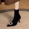 Женские вязаные ботильоны 2024 года, новые, с острым носком, на толстом тонком каблуке, модные, со стразами, короткие сапоги Botas De Mujer