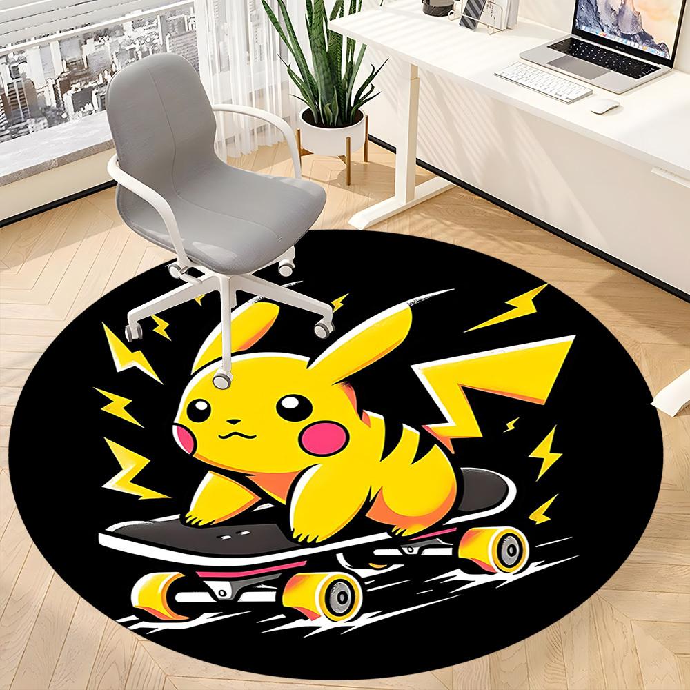 1pc Pikachu Skateboarding Office Round Area Rug, Indoor Mat Suitable For Office, Under Office Chairs Bedroom Living Room Home Decor, Room Deco