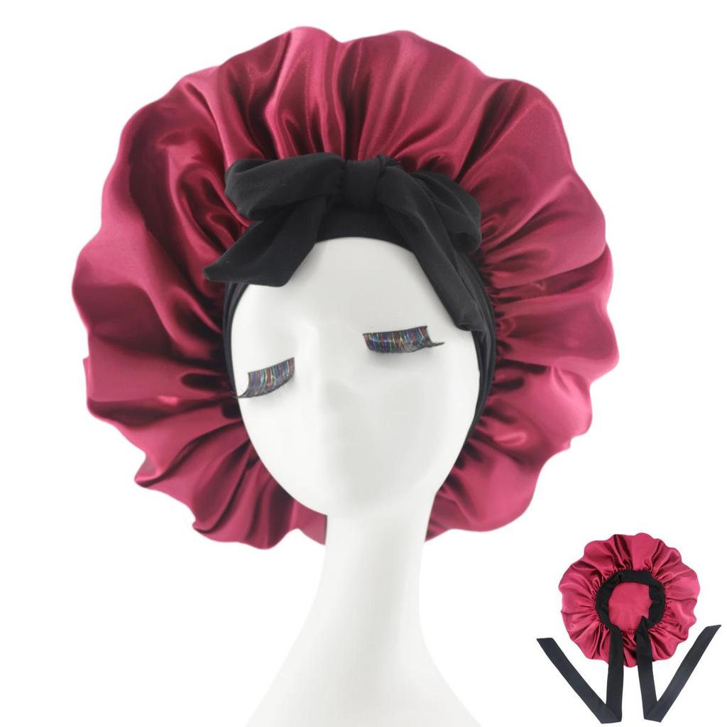 Silk Satin Sleep Cap with Ribbon Bow for Women - Elastic Wide Brim Bath Headscarf Hat for Hair Care