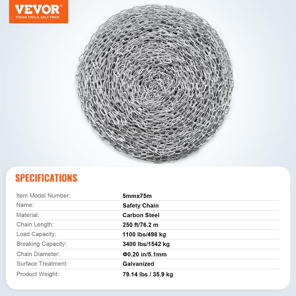 SucceBuy 10 футов/250 футов Цепь с доказанным звеном 3/16" Оцинкованная, проверенная на прочность цепь, с цепью из углеродистой стали для буксировки, подвешивания