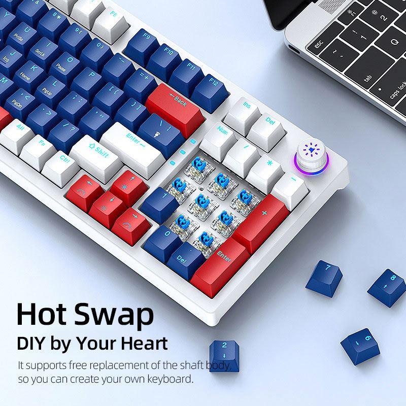 LEAVEN H96 3-Mode Volume Knob USB Type C Cable Wired Wireless BT Hot Swap RGB Gamer Gaming Mechanical Keyboard