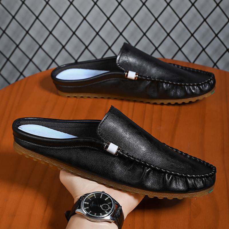 Leather Half Shoes for Men Backless Loafers Slippers Mules Men Casual Shoes Outdoor Man Slides Men's Flats Non-slip Lazy Shoes