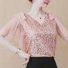 Women's Short Sleeve Sequined Chiffon V-Neck Shirt - Elegant, Fashionable, Loose Fit Top for Mature, Fairy-Inspired Summer Style