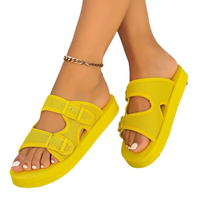 Модная обувь для женщин 2024 года, высококачественные женские тапочки больших размеров, модные повседневные тапочки с пряжкой на ремне, женские новые однотонные тапочки на плоской подошве