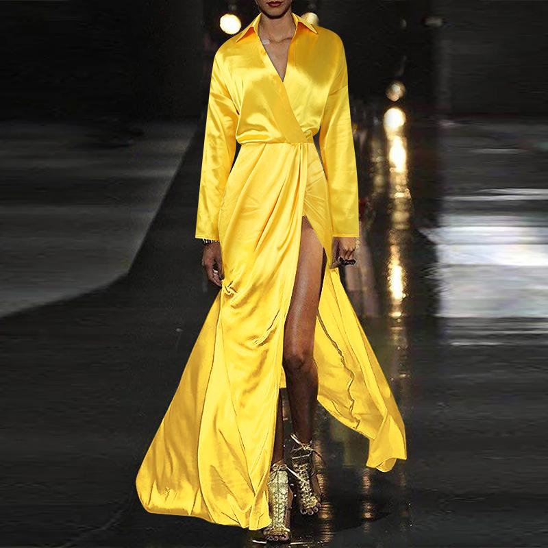 VONDA Женское модное однотонное атласное платье-рубашка с длинным рукавом и разрезом