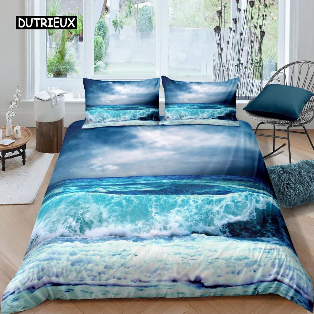 Комплект постельного белья Ocean Wave с изображением пляжа и пенистых волн, комплект постельного белья для двоих, полиэстер, морской берег, праздничная тема, королева, размер King Size, пододеяльник
