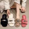 Hairy Slippers Women's 2025 Autumn New Outer Wear Flat Bottom Velvet Internet Celebrities One Word Cross Metal Buckle Retro Cotton Mop