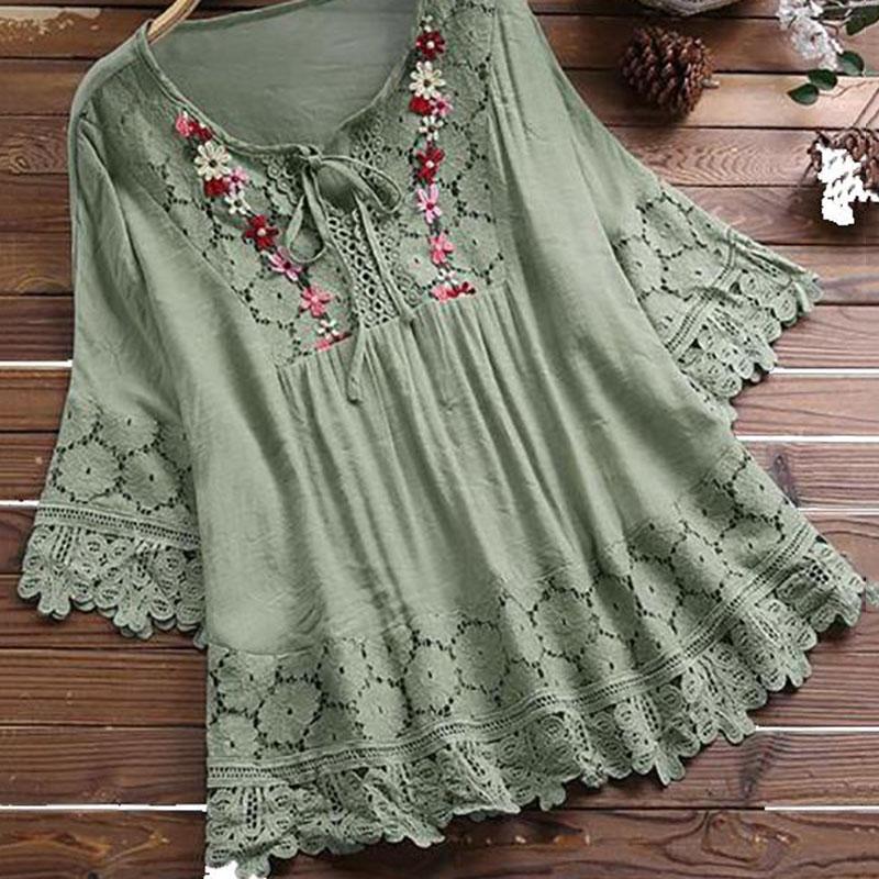 Women Lace Embroidery Flower Loose Plus Size Half Sleeve Shirt