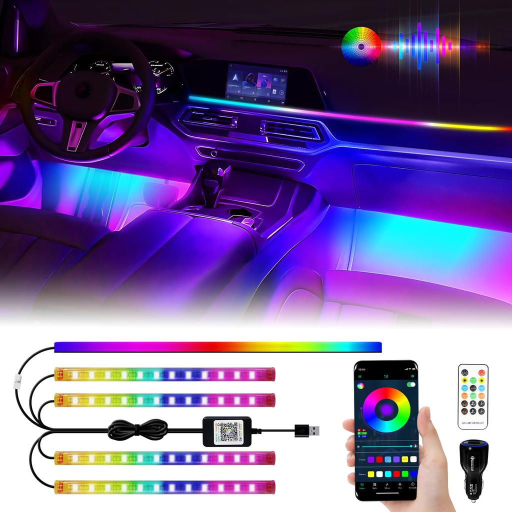 Car LED Strip Ambient Full Interior Decorative Ambient USB Cigarette Lighter Music App Remote 12V Lights, Footlights, Color, Illumination, Lighting,
