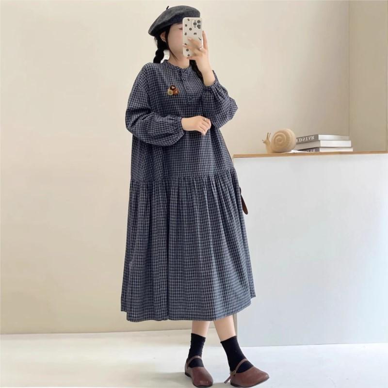 Johnature Платье в японском стиле с воротником-стойкой в клетку, весна-осень, ретро, универсальные, свободные, женские платья в стиле пэчворк