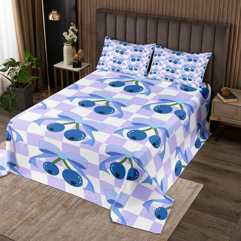 Cartoon Blueberry Bedspread Summer Tropical Fruit Quilted Coverlet Watercolor Botanical Leaves Flower Bedding Set for Teen Adult