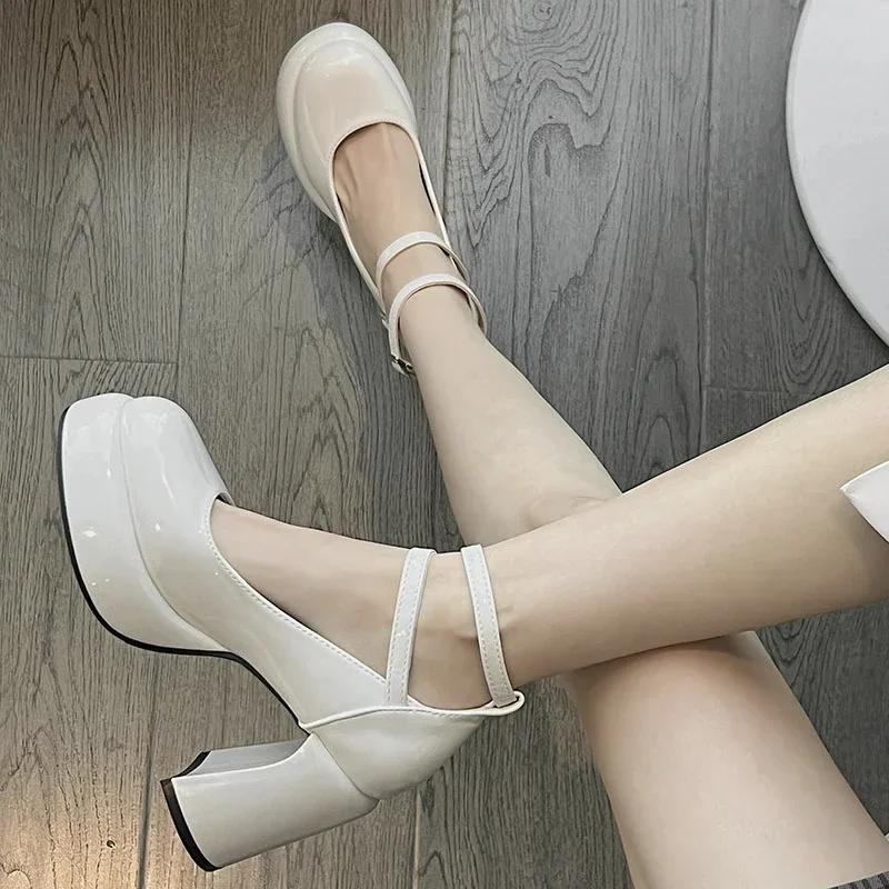 High Heels Women's Spring Autumn Pumps Shoes Red Black Retro Thick Soled Jane Ankle Buckle Chunky Retro Shoes Women