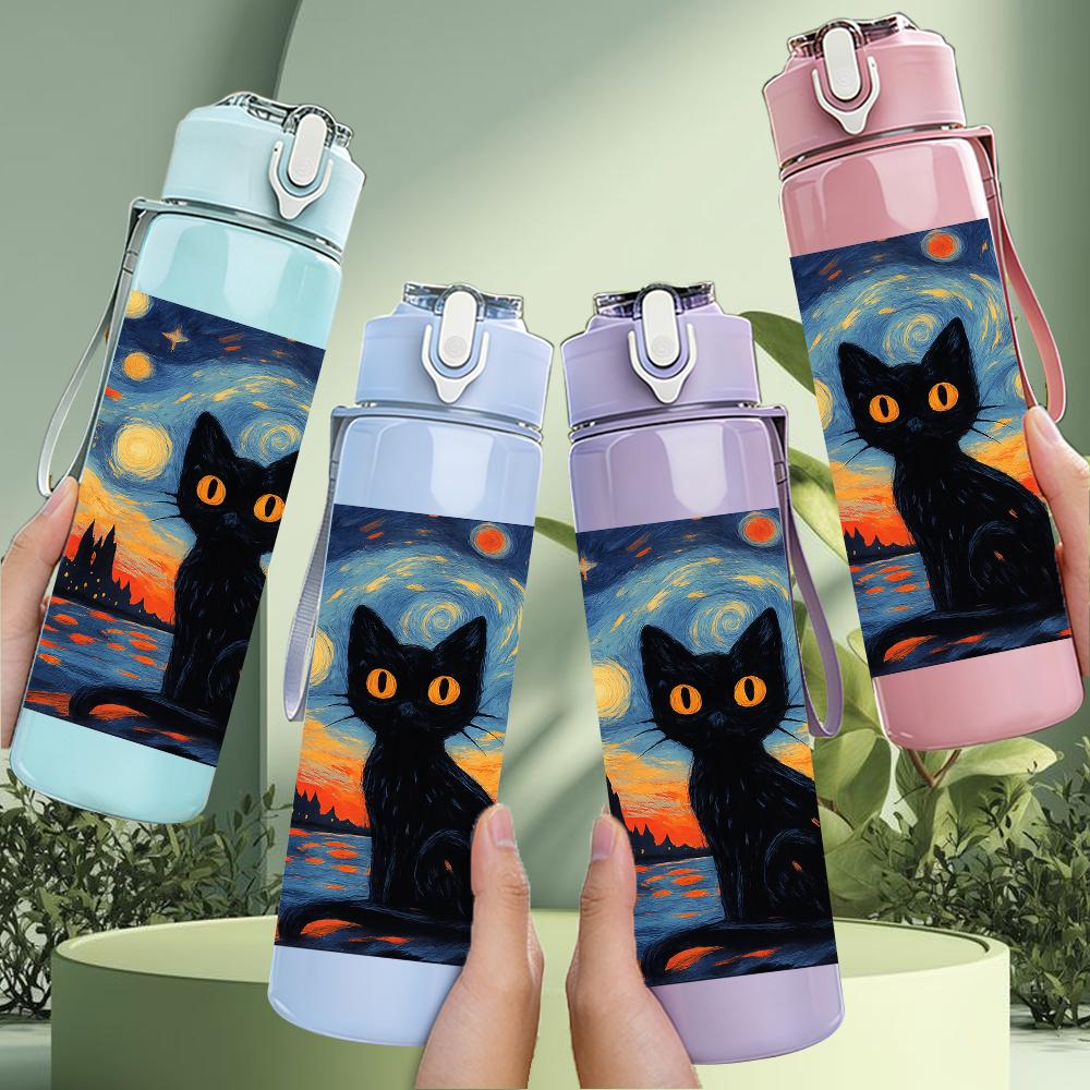 1PC Starry Night Black Cat 750ml Color Plastic Sports Water Bottle Leakproof Flip Straw Lid For Sports Office Home Use