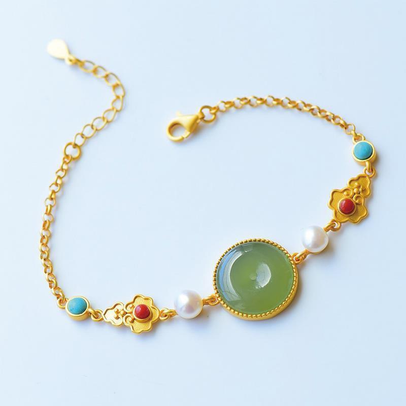 Браслет-кольцо из нефрита в китайском стиле «Фу Лу Пин Ань» на удачу с зеленой инкрустацией