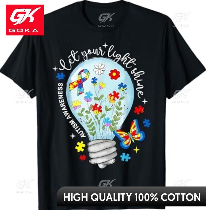 Kids Light Up Blue Autism Awareness Ribbon Puzzle Pieces Comical Round Neck Comfortable Cotton Graphic Tee Shirt Everyday Wear