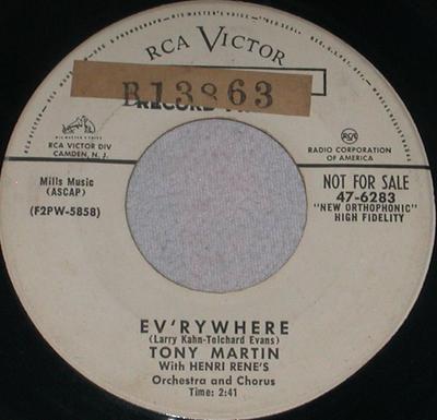 7-дюймовая пластинка ТОНИ МАРТИН, АНРИ РЕНЕ И ЕГО ОРКЕСТР - Ev'rywhere 476283PROMO RCA Victor 1955 США Джаз Б/У