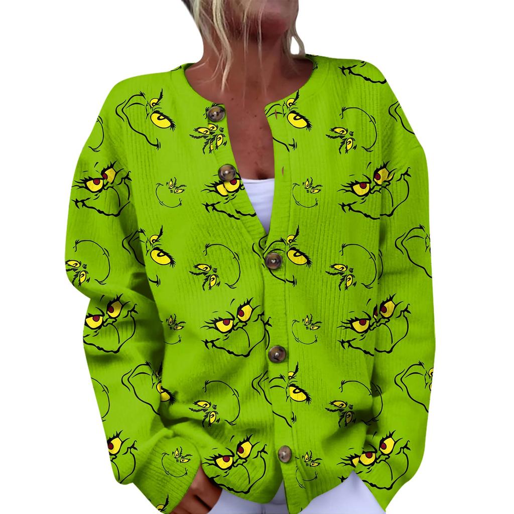 Женская мода рождественский принт длинный рукав вязаный кардиган пуховик