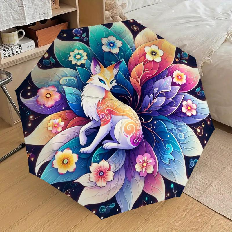 1pc Fantasy Fox Mandala Umbrella with Plastic Handle,Suitable for All Seasons Home Travel Outdoor UmbrellaDD011