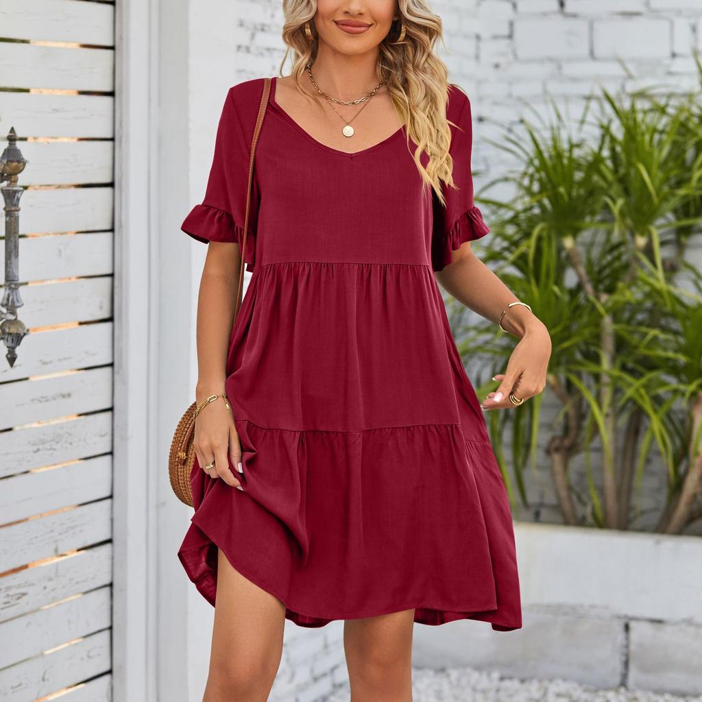 Women's Dress Summer Casual V-Neck Babydoll Pleated Dresses
