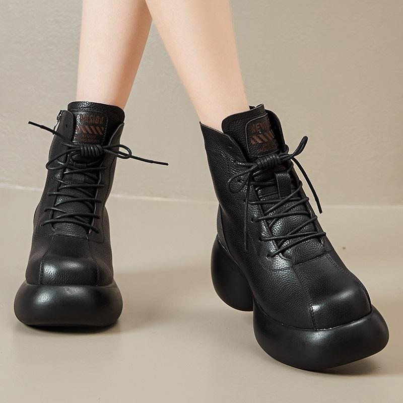 Fashion GKTINOO Women Genuine Leather Thick High Heel Ankle Boots Genuine Leather Handmade Retro Platform Thick Plush Warm Casual Boots