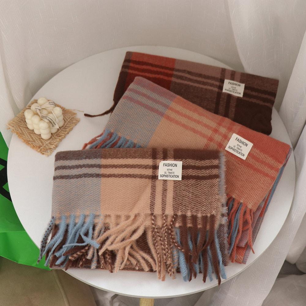 Long Tessel Plaid Wool Scarf Thicken Men Scarf Simple Winter Cashmere Scarf Female
