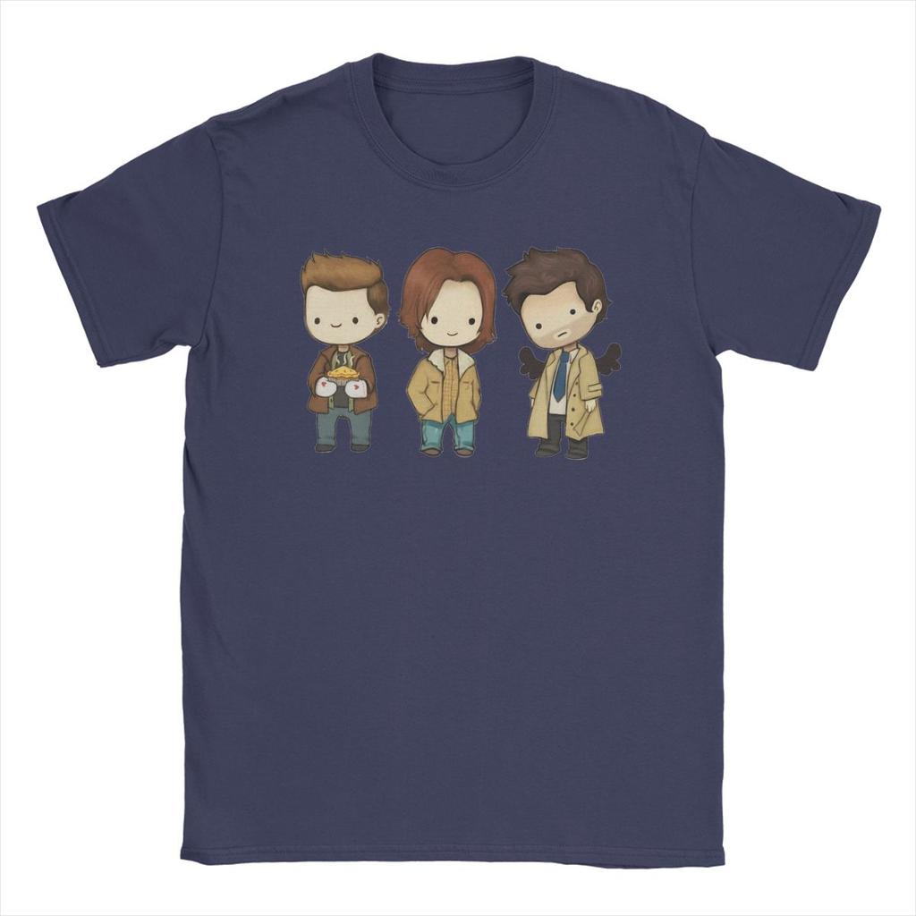 Мужская футболка Sam Dean Castiel Supernatural Chibi Футболка ТВ-шоу 100% Хлопок Одежда Футболка с круглым вырезом Новое поступление Футболка