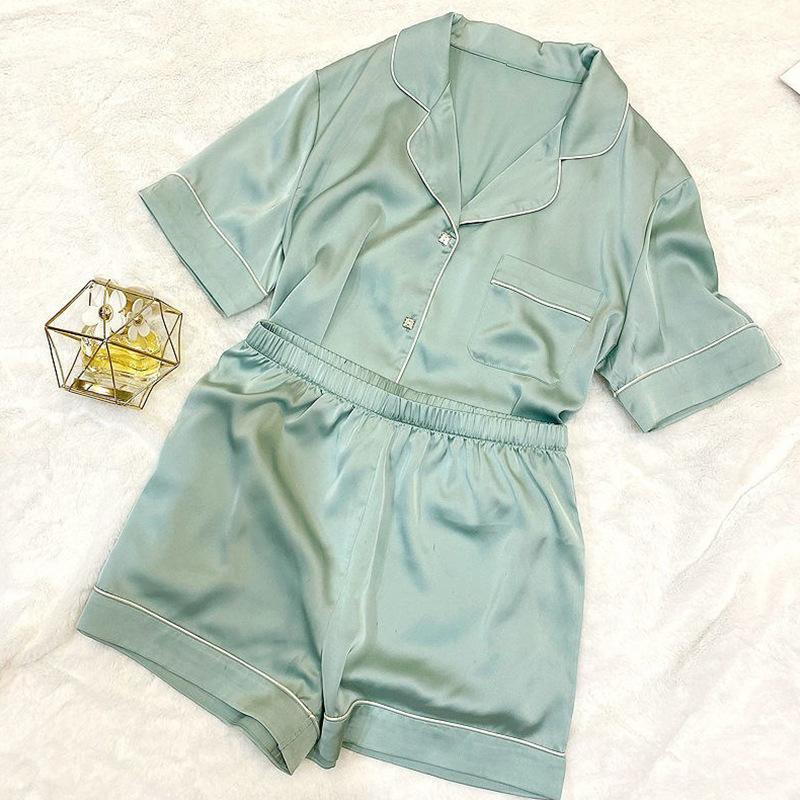 Solid Color Ice Silk Pajamas Women'S Summer Thin Foreign Style High-Value Short-Sleeved Loungewear Two-Piece Set Can Be Worn Outside