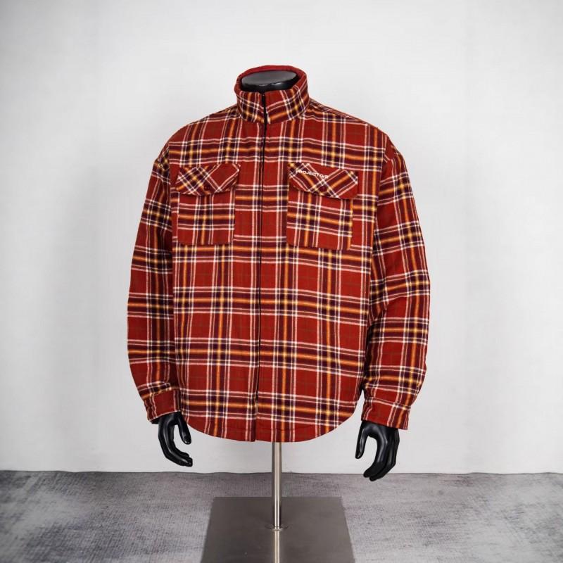 Mens Oversized Cotton Plaid Zip-Up Jacket With Embroidered Patch Print Thick Warm Fall Outerwear