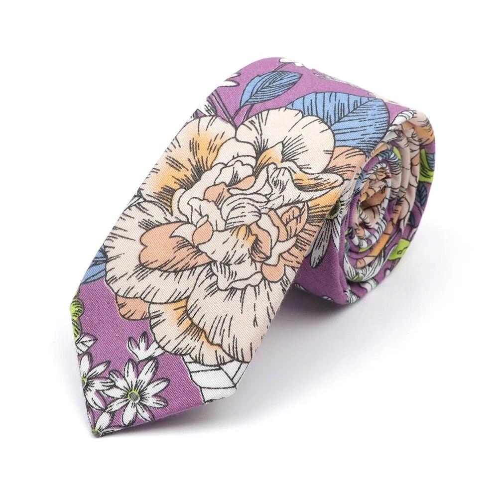 Новый стильный галстук с цветочным принтом 6 см, синий, зеленый, фиолетовый, узкий галстук из 100% хлопка для мужчин и женщин, костюмы для свадебной вечеринки, рубашка, аксессуар