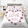 Love Theme Duvet Cover Set King Queen Size Heart Shape Romantic Letters Pink Flower for Kids Girls Couples Polyester Bedding Set