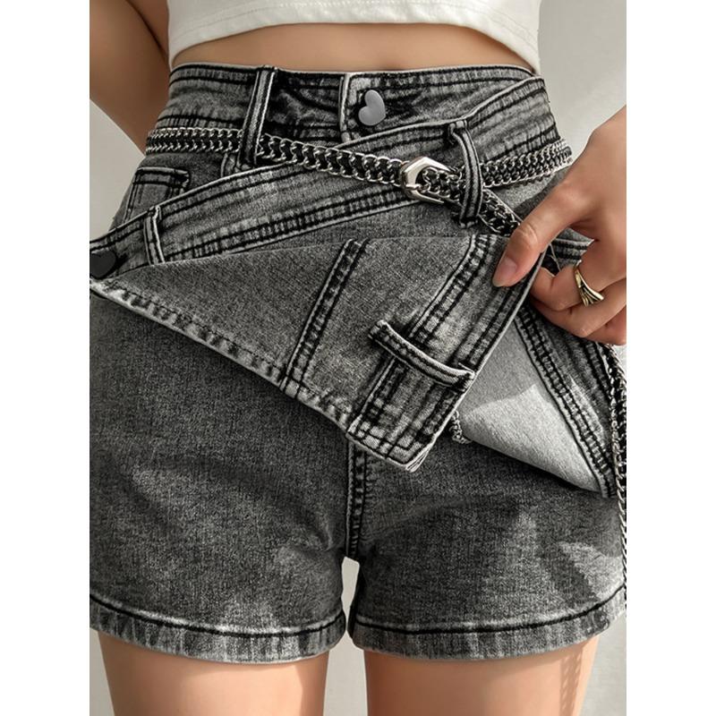 Модная женская джинсовая юбка, новая высокая талия, нерегулярная цепочка, серые юбки выше колена, женские джинсовые юбки, юбки, женские