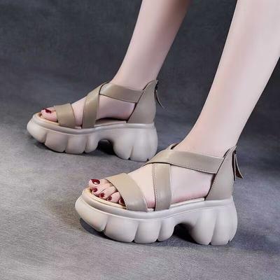 Босоножки на толстой подошве, Мягкая кожа, Пляжная обувь, Модные крутые ботинки на молнии