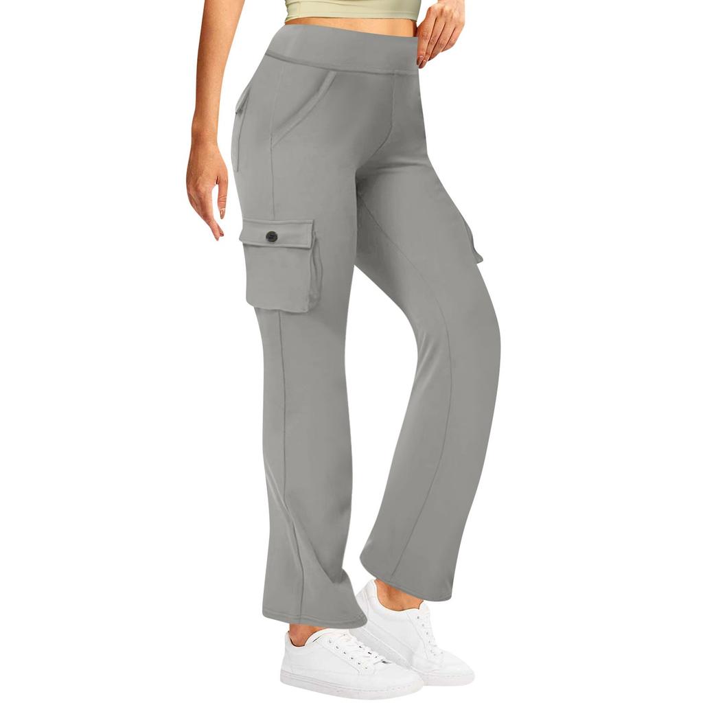 Женские модные космические боковые карманы, эластичная талия, пуговицы, однотонные брюки с несколькими карманами