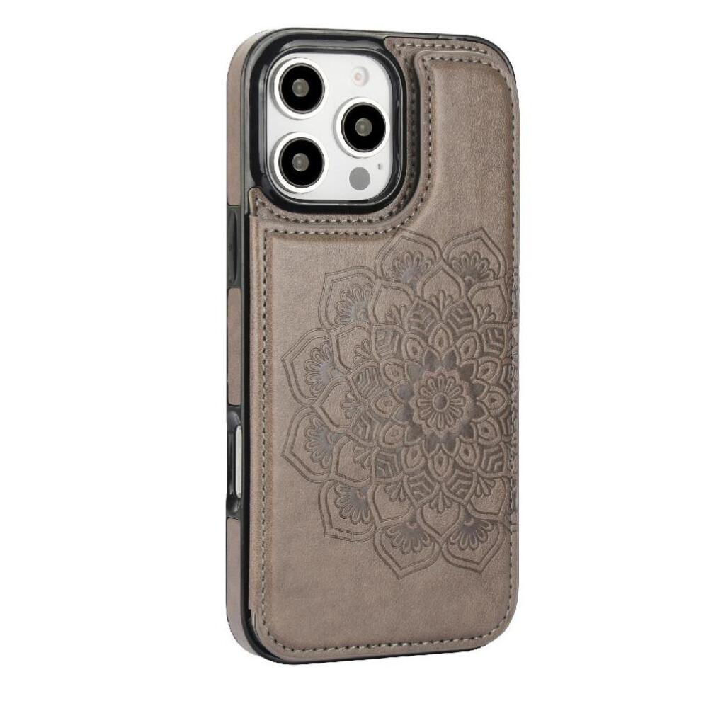 (Gray ) Wallet with Card Holder Case for iphone 16 Pro Max Flip Shockproof Pattern Flower Embossed Mandala Pu Leather Double Buttons