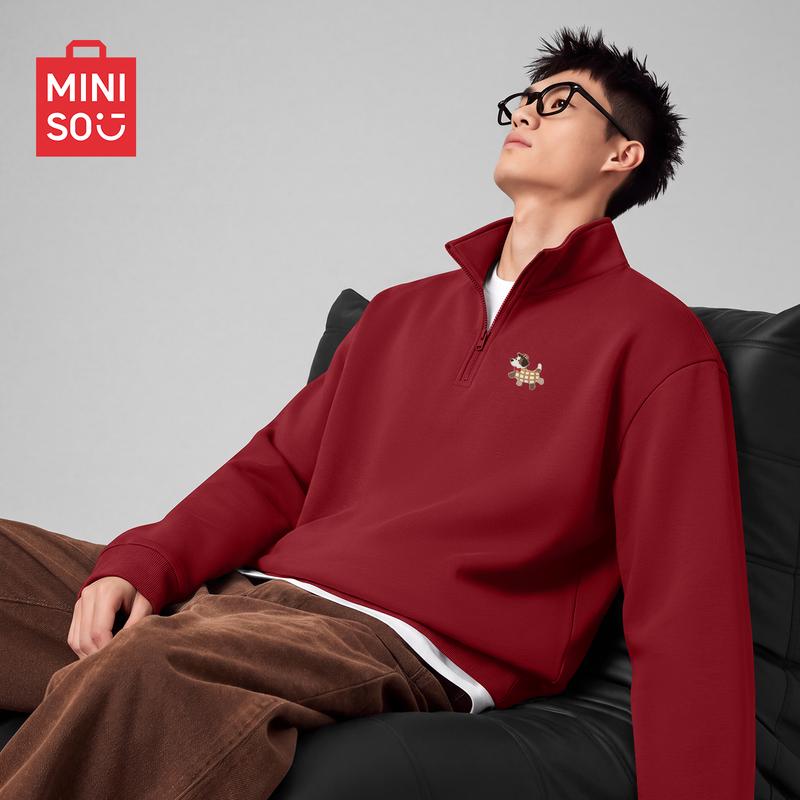 MINISO Men's Half-Zip Pullover Sweatshirt with Puppy Patch