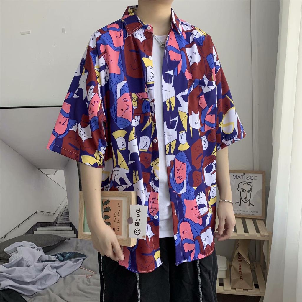 Hawaiian Men's Casual Flower Shirt Hong Kong Style Retro Beach Shirt Floral Couple Flower Shirt Short Sleeve Men