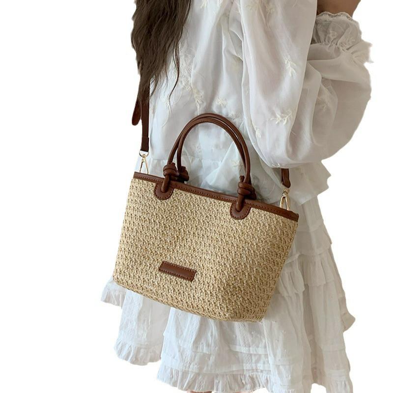 Straw Woven Beach Tote Bag Small Bucket Style Handheld Crossbody Vacation Streetwear